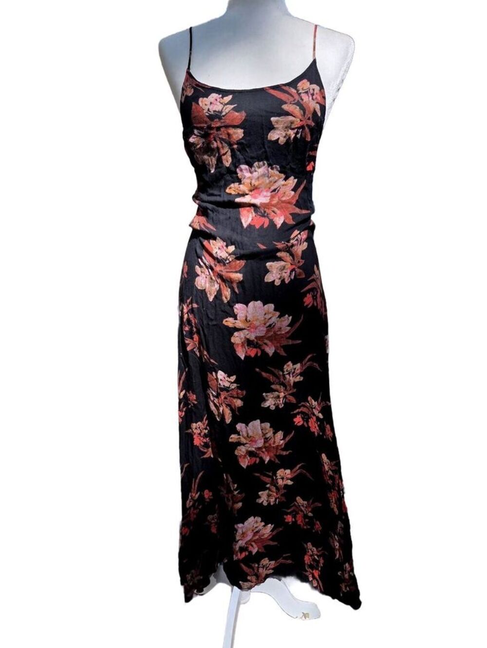 Free People Y2K Whimsigoth Black Floral Spaghetti Strap Slip Maxi Dress Grunge M